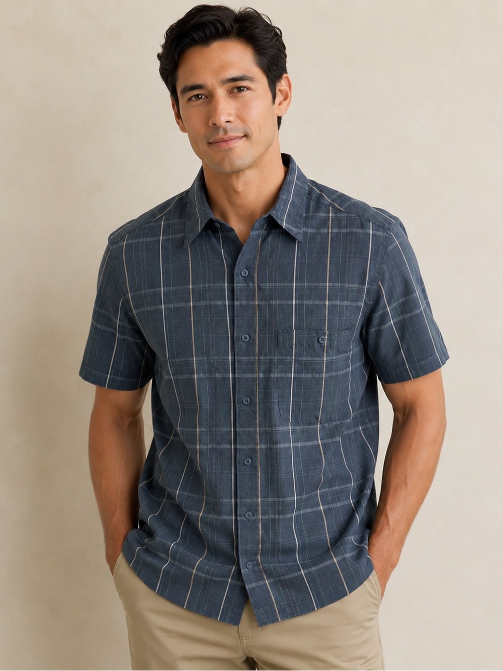 Haggar Microsuede plaid ss button down sz M